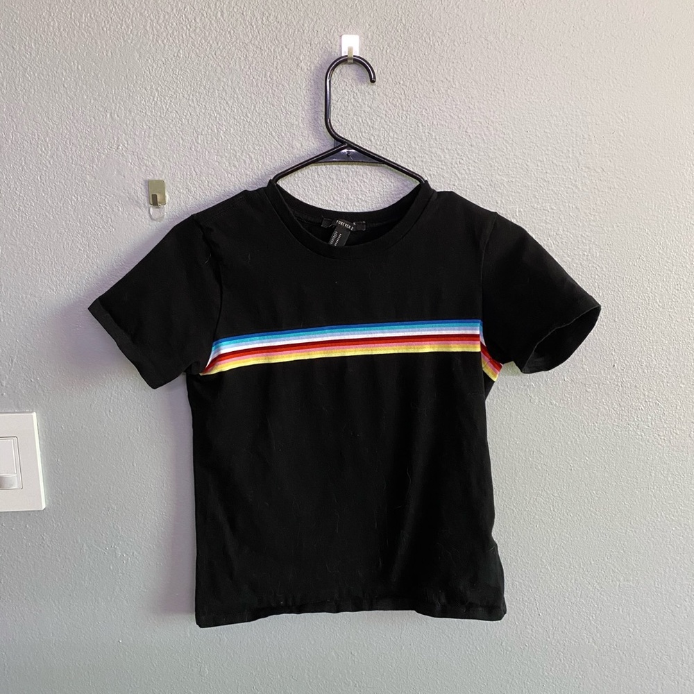 Black t-shirt with colored stripes in the center